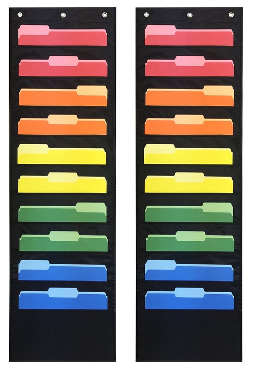 Pack of 2 - Ten Pocket Compact Storage Pocket Chart, Hanging Wall File Organizer by Essex Wares - Organize Your Assignments, Files, Scrapbook Papers & More (Black) (10 Pocket)