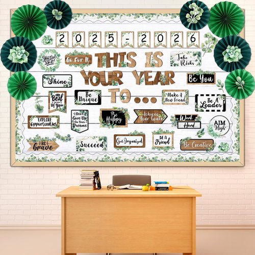 Pasimy This is Your Year Bulletin Board Borders Eucalyptus Plant Inspirational Classroom Decoration Welcome Back to School Bulletin Board 3D Paper Fans for School Office Home Chalkboard Wall Decor