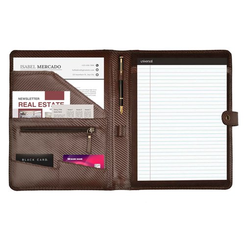 LEATHER VILLAGE Portfolio Professional Organizer– Carbon Fiber Genuine Leather Padfolio Resume Folder for A4 Letter Pad with Pen Holder, Business Card Slots & Writing Pad– Ideal for Men & Women-Brown