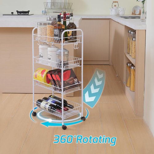 PLKOW 4-Tier Metal Rolling Utility Cart - Multi-Functional Lightweight Organizer with Wheels | White