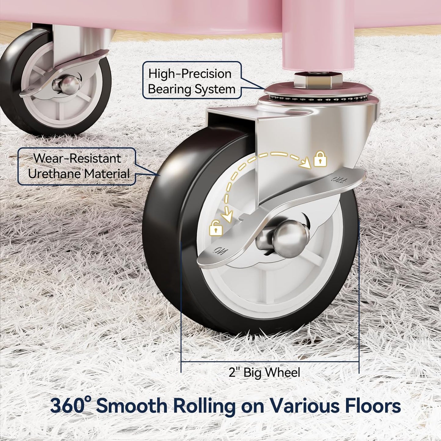 YASONIC 3-Tier Metal Rolling Cart - Heavy Duty Utility Cart with Lockable Wheels & Hooks | Pink