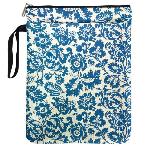 Blue Floral Vintage Pattern Book Sleeve for Book Lovers Women Grandma, Book Club Book Accessories Gifts for Readers Librarian Bookworm, Book Cover with Zipper & Front Pocket Handle Waterproof