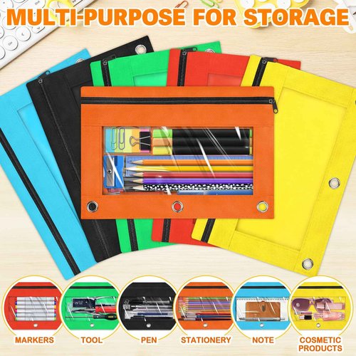 Pencil Pouch for 3 Ring Binder, 160 Packs Zipper Pencil Pouch Bulk in 10 Colors, Pencil Case for Binder with Clear Window for School, Home and Office