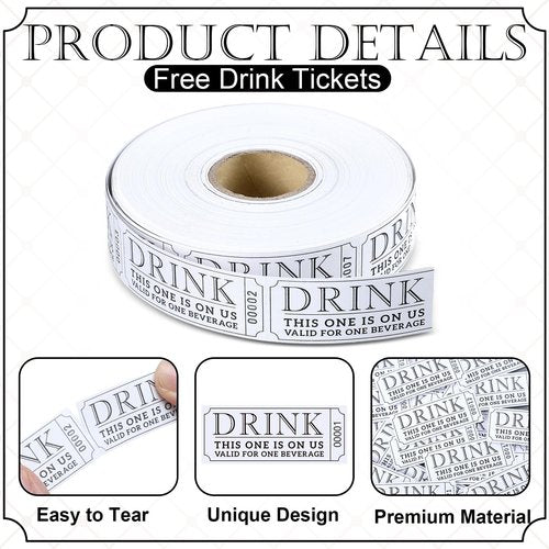 TaoBary 2 Rolls 1000 Pcs Free Drink Ticket Roll Raffle Party Tickets for Events Wedding and Parties(Simple)