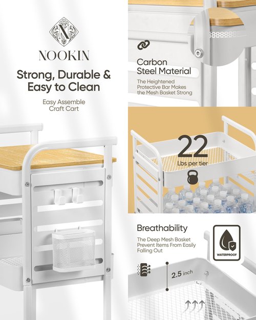 Art Cart with Tabletop & Pegboard - 3-Tier Rolling Utility Cart with Wheels, 2 Baskets & 6 Hooks - Metal Storage Organizer for Home, Office, Crafting & Kids’ Art Supplies (White)