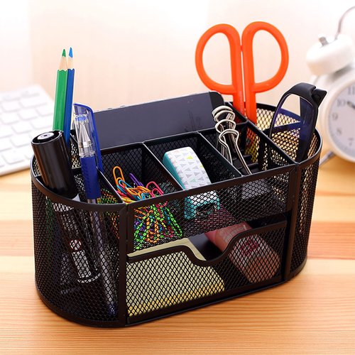 Rkqoa Black Mesh Desk Organizer Desktop Office Supplies with 9 Compartments, Office Desktop Organizer with Drawer, Metal Pen Holder Stationery Caddy Multifunctional Organizer for Desk Organization