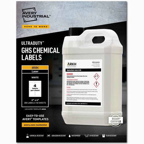 Avery UltraDuty GHS Chemical Labels for Laser Printers, Waterproof, UV Resistant, 4 x 4, 200 Pack (60504)