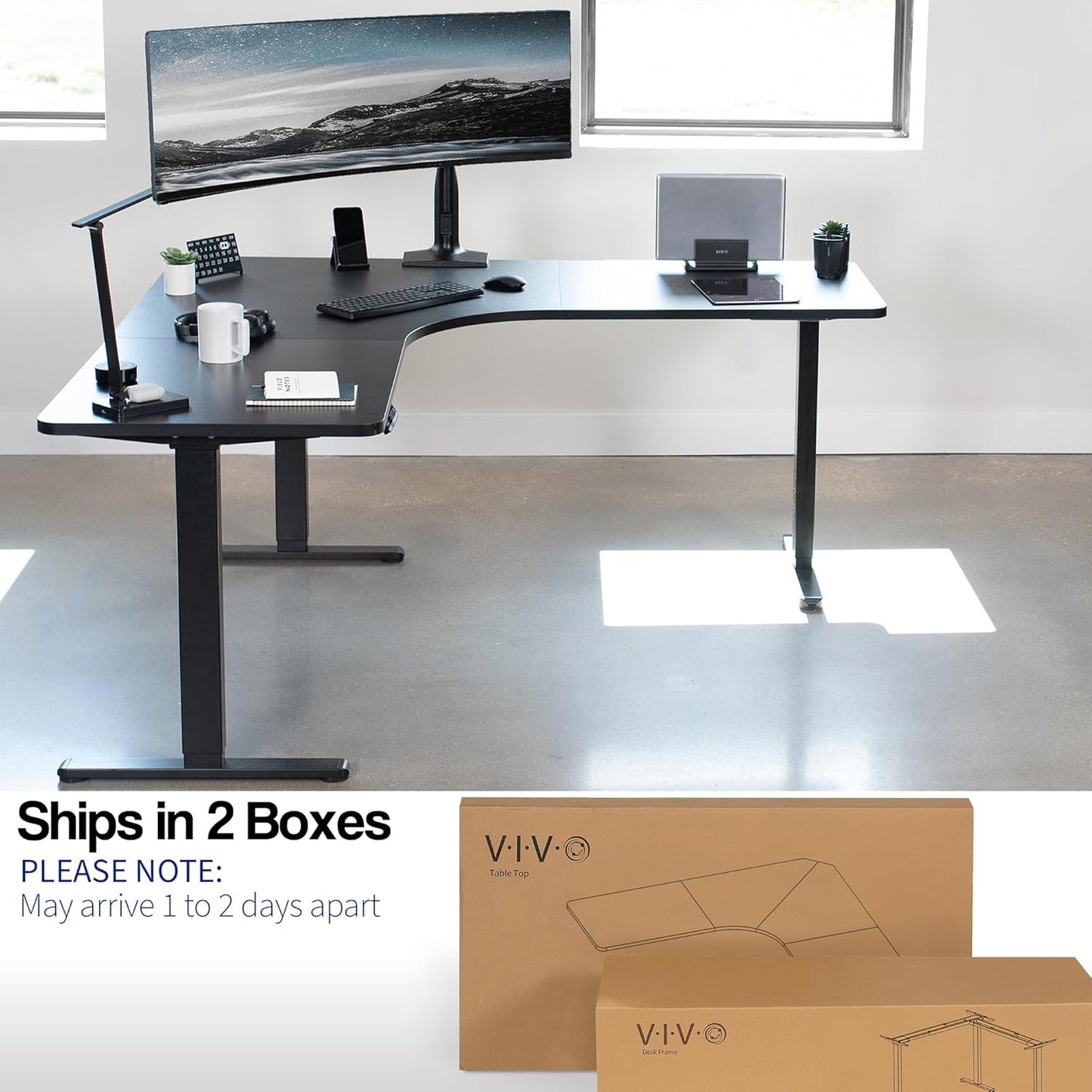 VIVO Electric Height Adjustable L-Shaped Stand Up Desk - 71"x71" Curved Black Table Top & Frame | Memory Controller