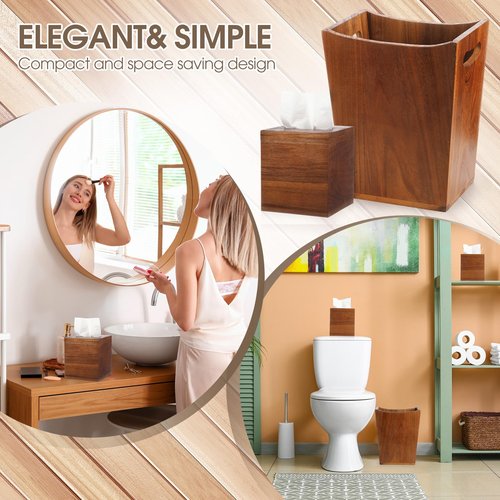 Reallnaive 2 Pcs Trash Can Wastebaskets and Tissue Box Set Rectangular Trash Basket Garbage Can for Bathroom, Living Room, Office, Kitchen (Brown)