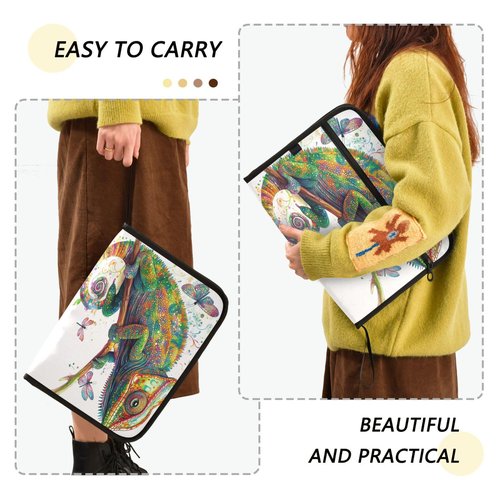 13 Pockets Expanding File Folders with Labels A4 Letter Size Paper Accordion Document Organizer with Zipper Office School Cartoon Chameleon Reptile White