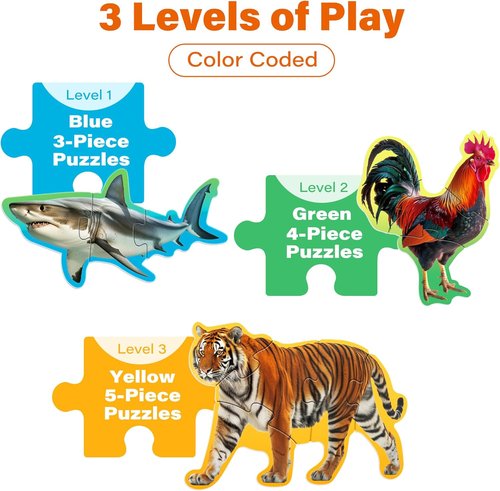 BenBen Animal Puzzles for Toddlers 2-4 | 12 Color-Coded Jigsaw Puzzles | 48 Educational Pieces