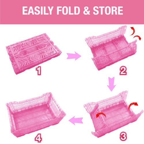 PTEREIW 4Pack Foldable Plastic Storage Crates and Bins, Collapsible Baskets for Home Office Organizer, 4L Space Saving Desk Storage Box for Small Items (Clear Pink,10.5x6.75x4.25Inch)