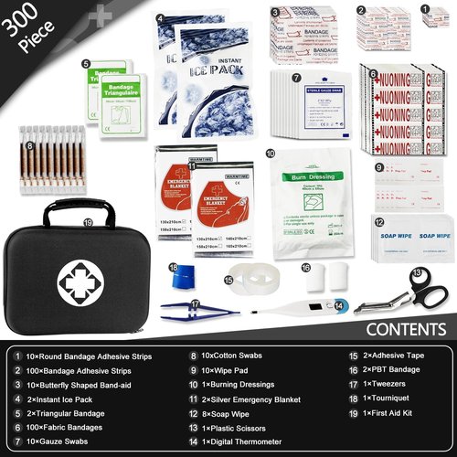 Monoki 300PCS Home First Aid Kit - Essential Emergency Gear for Hiking & Travel | Black Backpacking Bag