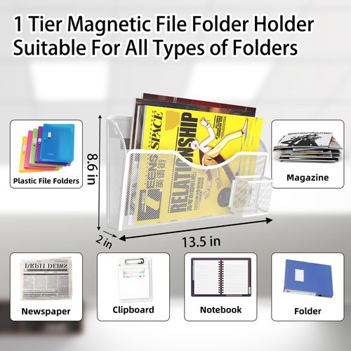 Magnetic File Holder 1 Pockets File Folder Organizer with Pen Holder, Office Hanging Magazine Rack for File Cabinets, Magnetic Paper Holder, No Drilling Mail Organizer for Refrigerator, Office (White)