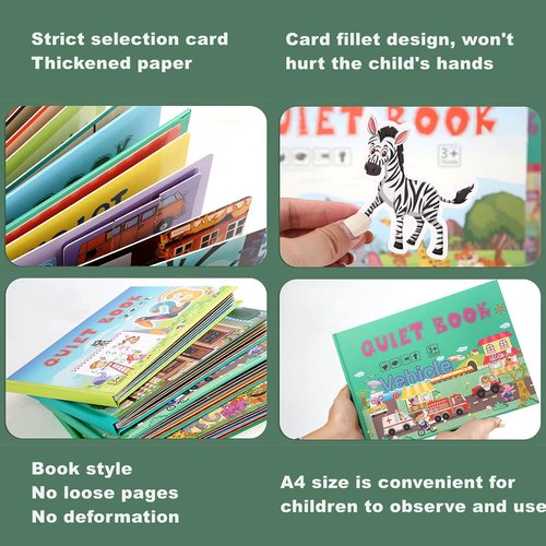 Skiennix 4 Pack DIY Busy Book - Montessori Quiet Book with Animal, Vehicle, Number & Fruit Activities for Toddlers