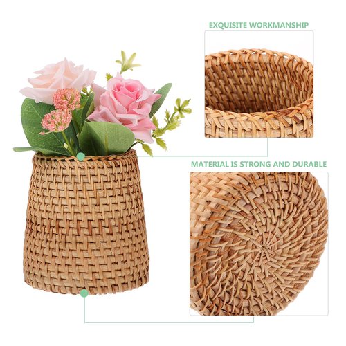 Cabilock Vietnamese Woven Rattan Pen Holder - Multi-Functional Desk Organizer & Decorative Flower Vase for Home Decor Cone-Shaped Storage Basket