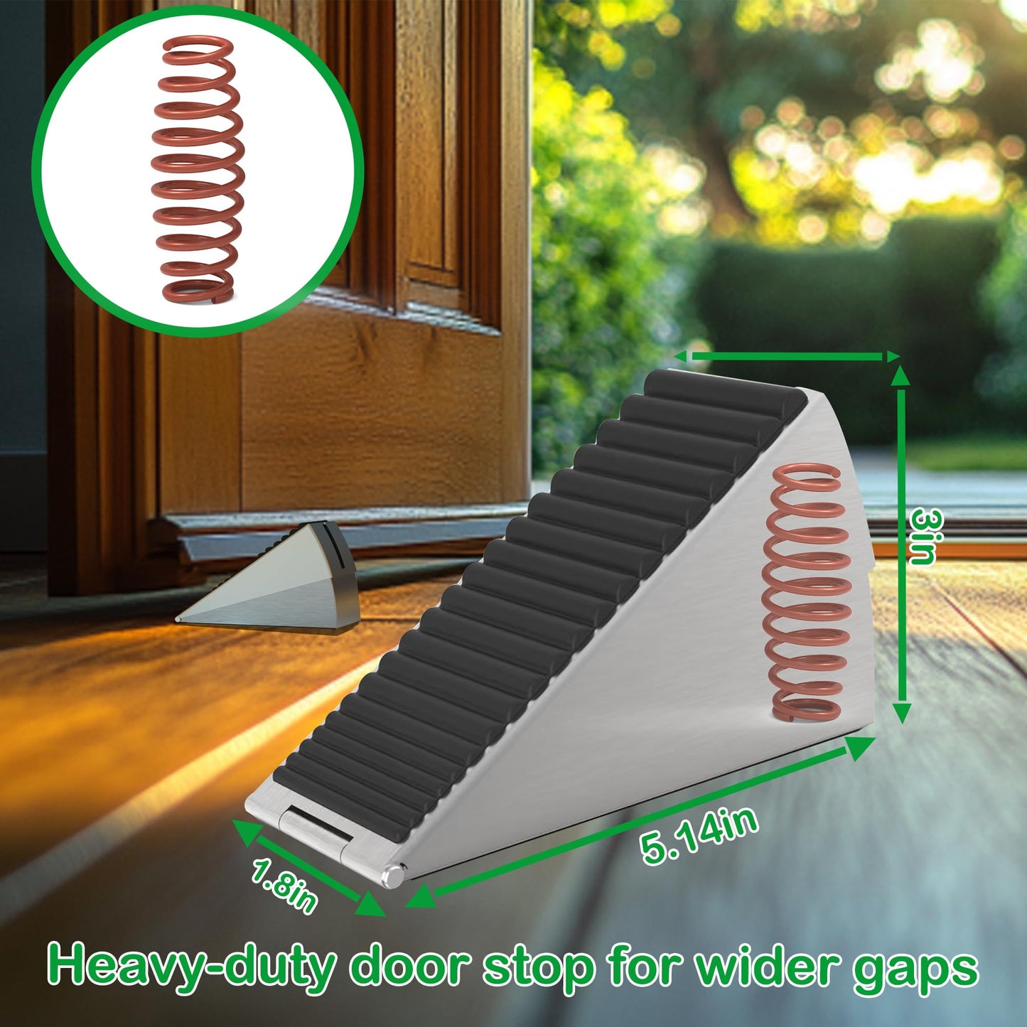 Newkiton Heavy Duty Door Stopper, Stainless Steel and Rubber, Spring-Loaded Adjustable Design, Non-Slip Metal Wedge for Home and Office (4)
