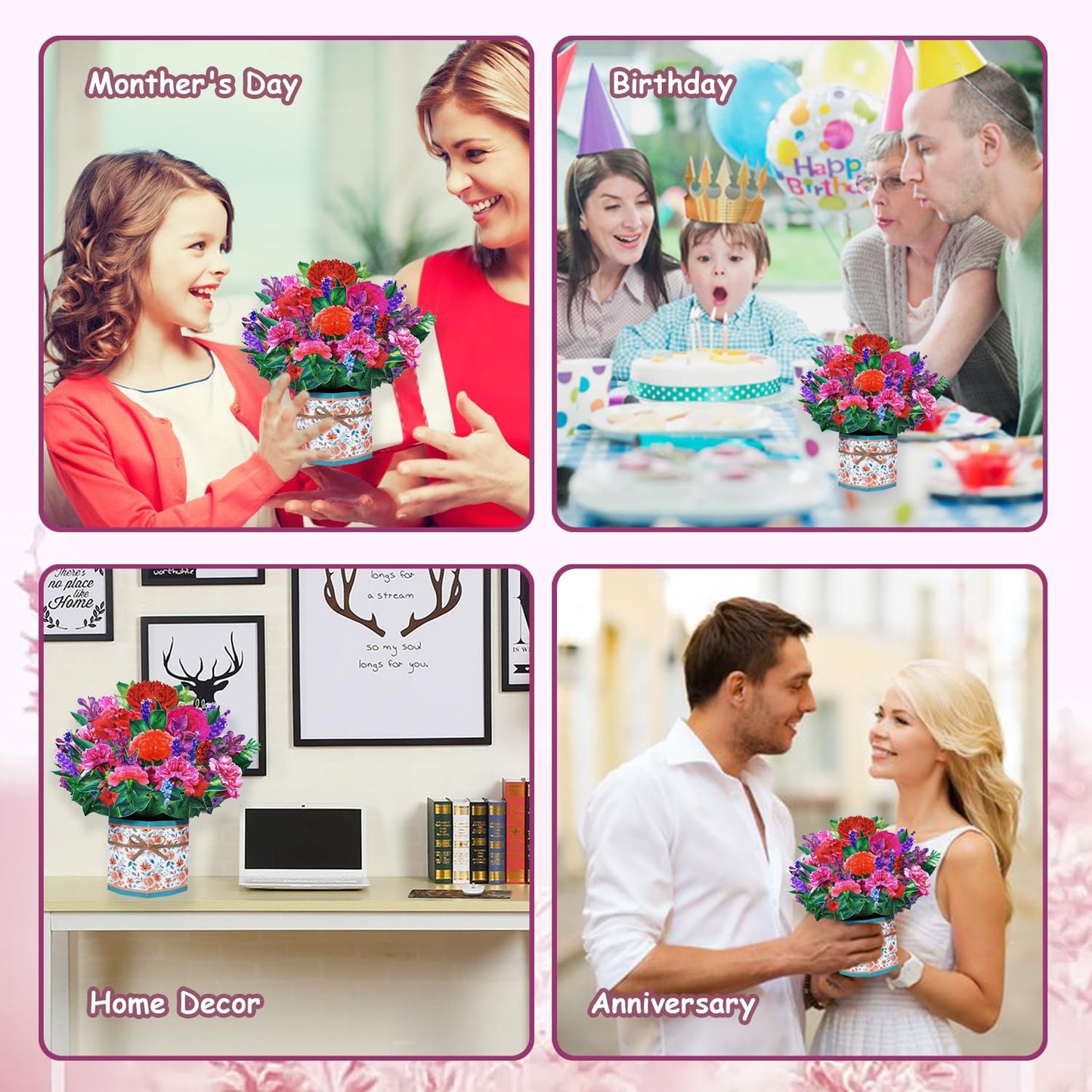 ROBBEAR Carnation Bouquet Pop Up Card, Flower 3D Greeting Card with Envelope for Any Occasion, Birthday, Mother's Day, Anniversary, Valentines Day, Foldable Flower Cards for Mother or Loved Ones