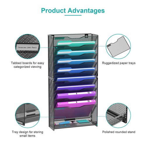 VEESUN 10 Tier Hanging Wall File Organizer, Wall File Holder Organizer Mounted Letter Mail Magazine File Rack With Flat Tray For Office Home School, Black