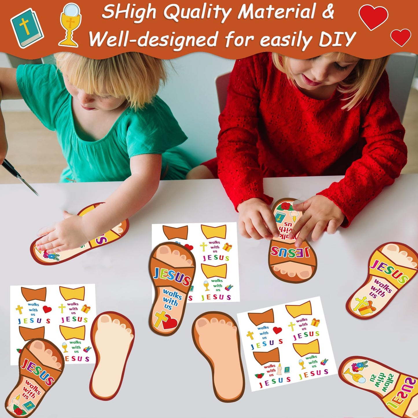 Qyeahkj 32Pcs Sunday School Crafts for Kids VBS Sticker Crafts Bible Christian Craft Jesus Walks with Us Sunday School Favors DIY Sticker Kits for Religious Classroom Home Activities Supplies