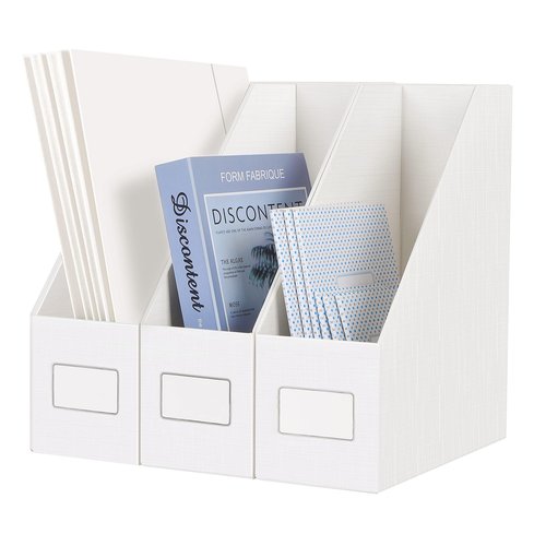 JiaWei White Magazine File Holders, 3 Packs Sturdy Cardboard File Rack, Office Organization Desktop Storage File Box Binder for Shelves and Desk, Folder Holder for Office or Classroom