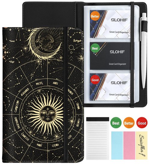 Slohif Business Card Book Holder Organizer - Black Moon Sun Print Leather Books Binder Holds 240 Cards Credit Gifts Card With Sticky Notes Graded Stickers Notepad