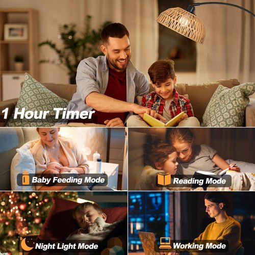 Rattan Floor Lamp- Modern Black Standing Floor Lamps with Remote Control and Stepless Dimmable Bulb, Hand-Worked Adjustable Rattan Lamp Shades Bohemian Floor Lamps for Living Room, Bedroom, Office