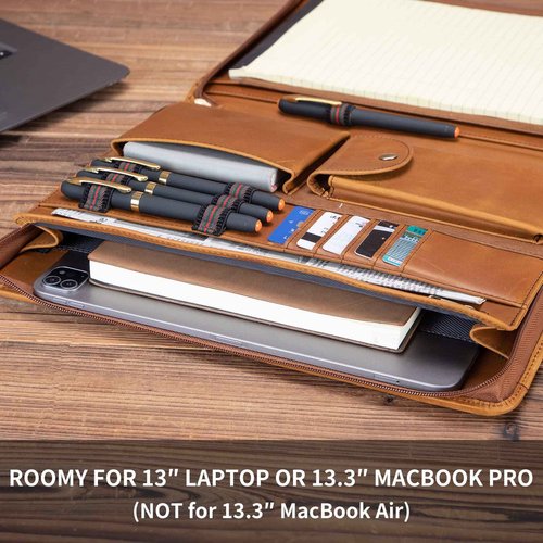 Geslun Genuine Leather Portfolio with Front Pocket for Men and Women, Zippered Padfolio Binder 8.5 x 11 Legal Pad Notebook Holder, Fits 13” Laptop, Professional Work File Case, Brown