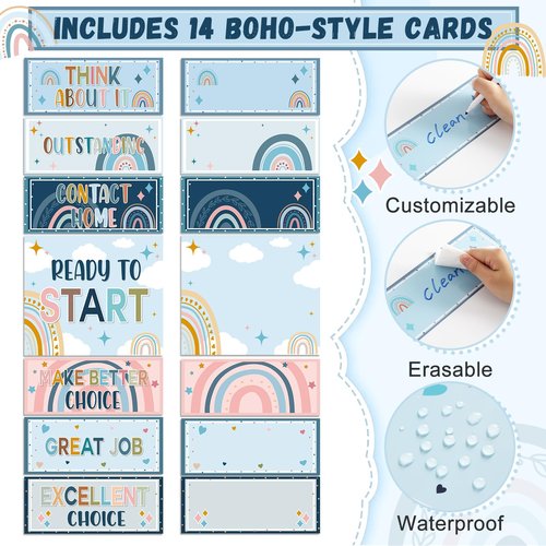 67 Pcs Student Behavior Clip Chart for Classroom Management Blue Boho Track Reward Incentive Behavior Pocket Chart Kids Boho Bulletin Board Hanging Tool for Teacher Office Elementary School Supplies
