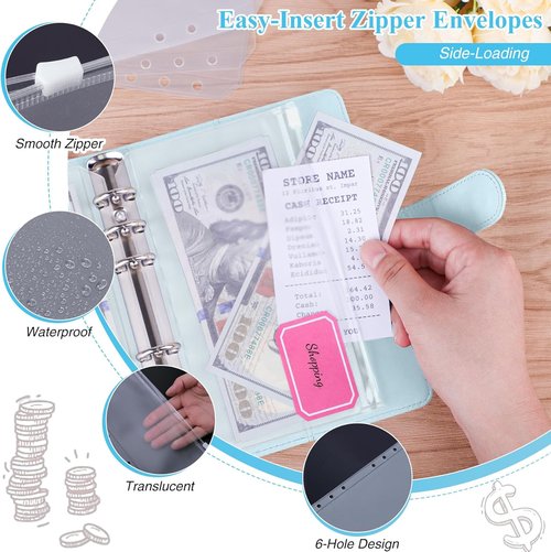 Antner A6 Budget Binder - Zipper Cash Envelopes for Money Organization | Mint Blue Budget Planner