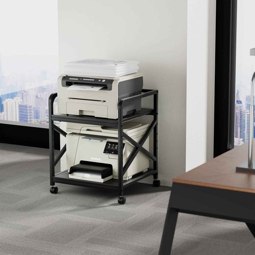 Ollieroo 2 Tier Printer Stand with Storage Shelf, Printer Table with Height Adjustable Top Shelf, Under Desk Storage Printer Cart for Paper Shredder Scanner, 3D Printer Stand for Home Office(Black)