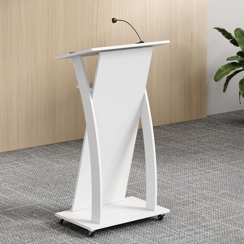 Xibolai Mobile Wooden Podium Stand with Wheels Lectern White 16MM Wood Board Elegant Design Wooden Churche Pulpit