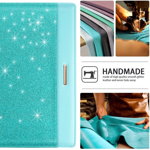 Glitter Padfolio/Resume Portfolio Folder for Women Men, WAVEYU Cute Chic Padfolio Cover Folder, Conference/Legal Document Organizer with Letter/A4 Size Clipboard, Document Sleeve, Teal