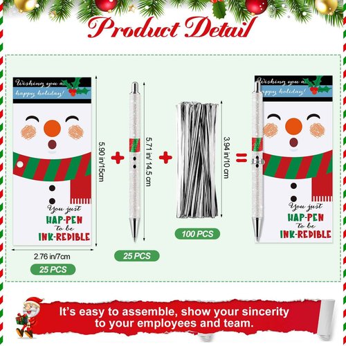 Sayglossy 25 Sets Bulk Glitter Christmas Pens Novelty Santa Claus Writing Pens with Inspirational Cards Welcome to The Team Gift Employee Appreciation Gifts (Snowman)
