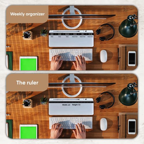 Piu home Desktop whiteboard - Glass Desk Dry Erase board with storage- Desk buddy memo board for computer monitor- EXTRA STICKERS Weekly Organizer and Ruler- work from home and office