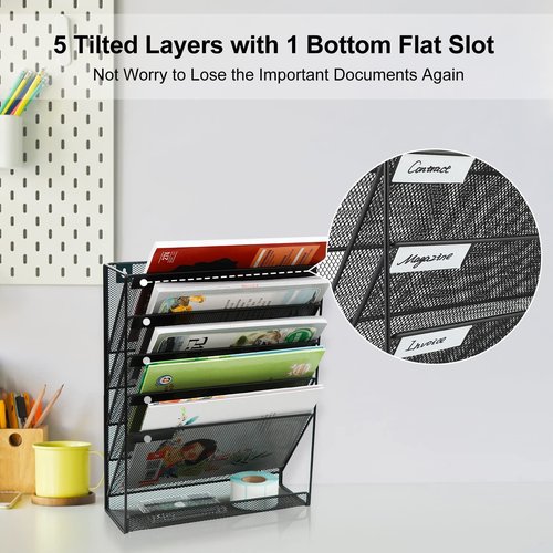 EasyPAG Wall File Holder 5 Tier Vertical Hanging File Organizer Wall Mount Paper Folder Rack with Bottom Flat Tray for Office and Home,Black