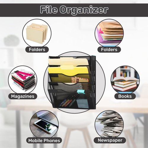 ZYLEN Wall File Holder – Sleek Black Metal Organizer for Documents and Folders, Home, and Classroom – Compact and Stylish Storage Solution for Papers, Folders, and Files (38 x 32 x 10 cm)