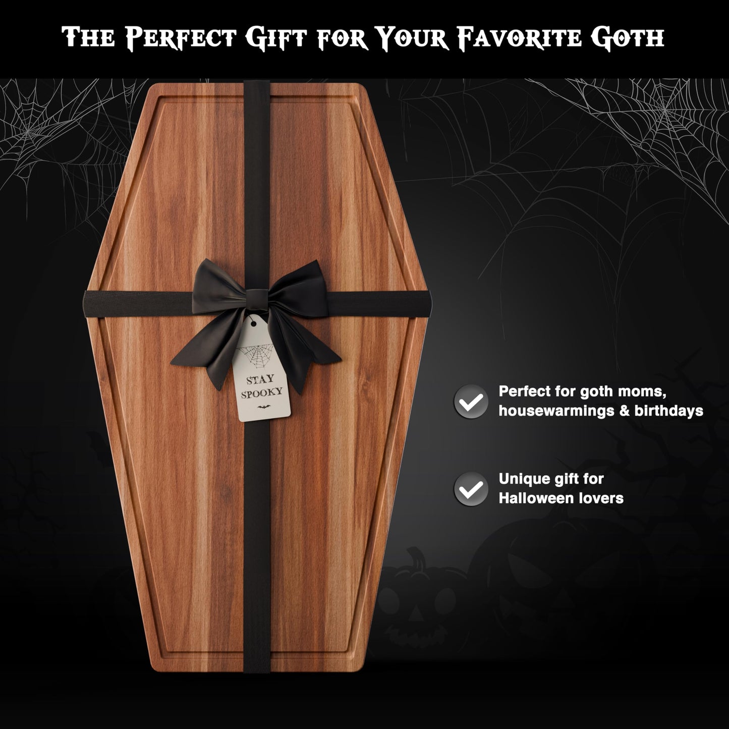 New - Giant Coffin Charcuterie Board - Extra Large Gothic Acacia Wood Coffin Shaped Cutting Board 23.5x14.5 inch, Halloween Wooden Serving Tray, Goth Platter, Spooky Decor Gifts