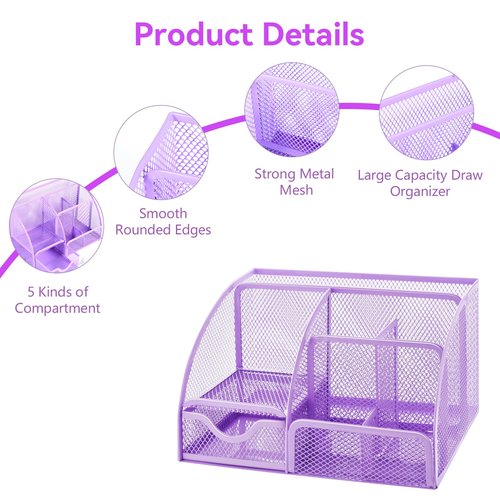 yuun Desk Organizers and Accessories, Purple Office Organizer for Women Storage with Stapler, Tape Holder, Clips Set, Staple Remover, Scissor, Pen Holder, Ruler, Pen, Staples and Transparent Glue