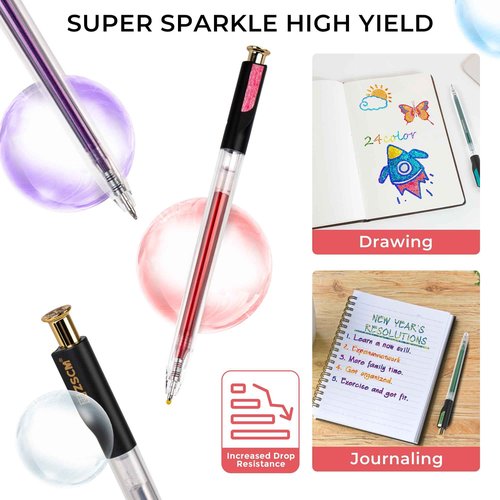 ZSCM Retractable Super Glitter Gel Pens, 24 Colors Large Capacity Metallic Sparkle Gel Ink Pens, 1 mm Fine Point Smooth Writing Color Pen for Adult Coloring Book Note Taking Aesthetic Art Supplies