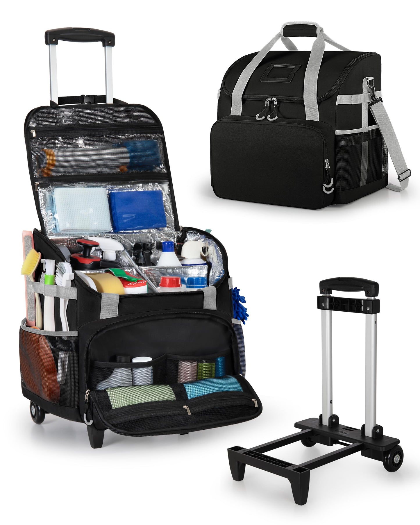 Marscamd Large Rolling Cleaning Caddy Bag with Detachable Trolley, Cleaning Supplies Organizer with Wheels for Housekeepers, Black