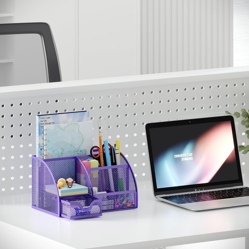 EasyPAG Mesh Desk Organizer, Multi-functional Stationery Organizer for School Supplies, Office Pen Holder for Desk, 6 Compartments Dorm Organization with Drawer, Purple