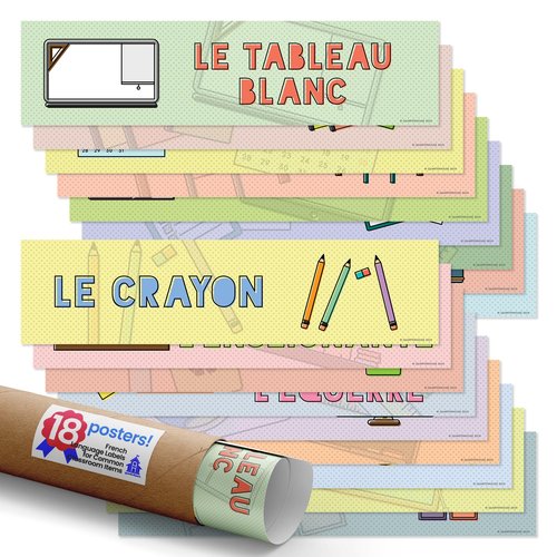 Quarterhouse 18 French Common Classroom Items Placard Label Set, French Classroom Learning Materials for Pre-K and K-12 Students and Teachers, 12 x 3 Inches, Made in USA