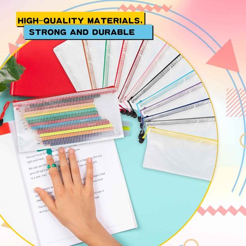 120 Pcs Mesh Zipper Bags Zipper Pencil Bags Bulk Transparent Pencil Storage Bag Multifunctional Travel Bag Cosmetic Toiletry Bag for Office Documents School Stationery Travel, 12 Colors