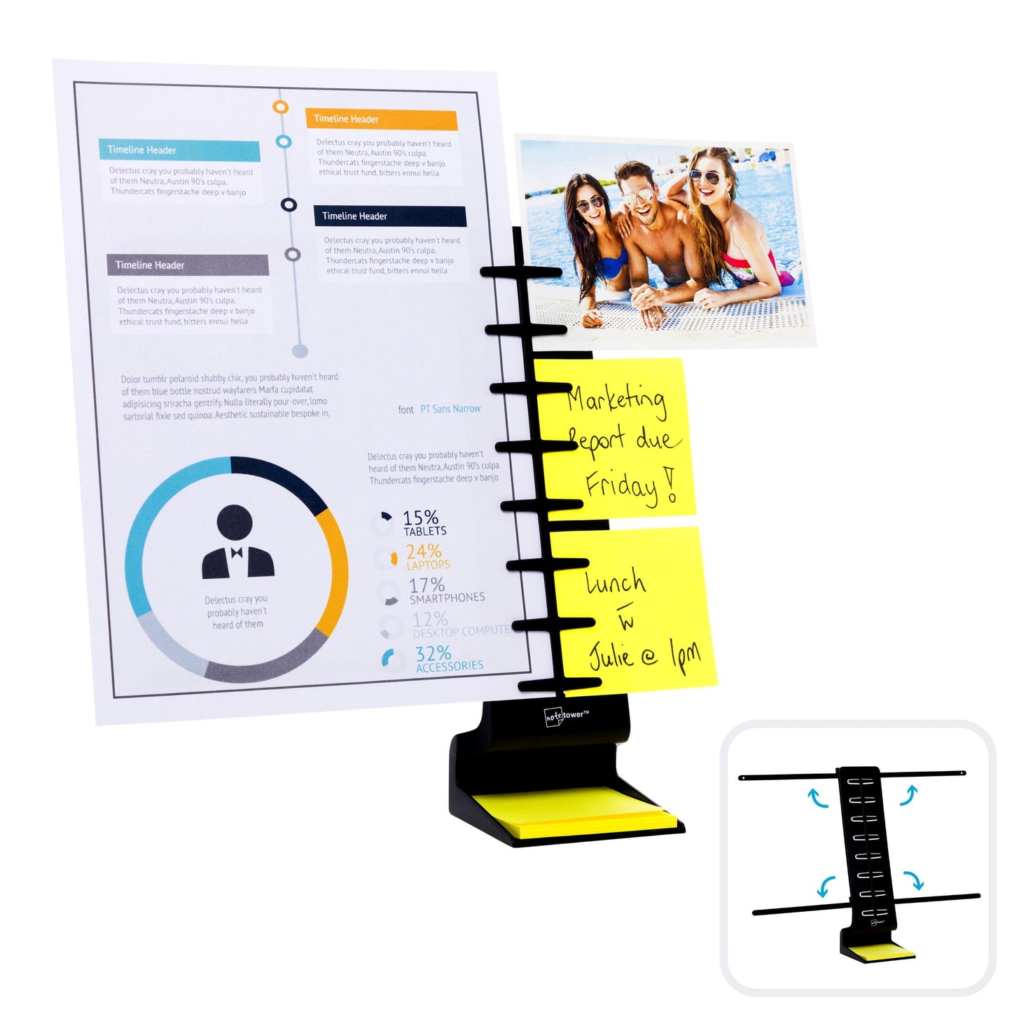 Note Tower Desktop Pro Dual Document Holder for Typing | Compact 2 Page Paper Holder Stand for Desk | Document Stand Holds Copy Paper, Photos & Post Notes | Dispenser includes 3x3 Sticky Notes | Black