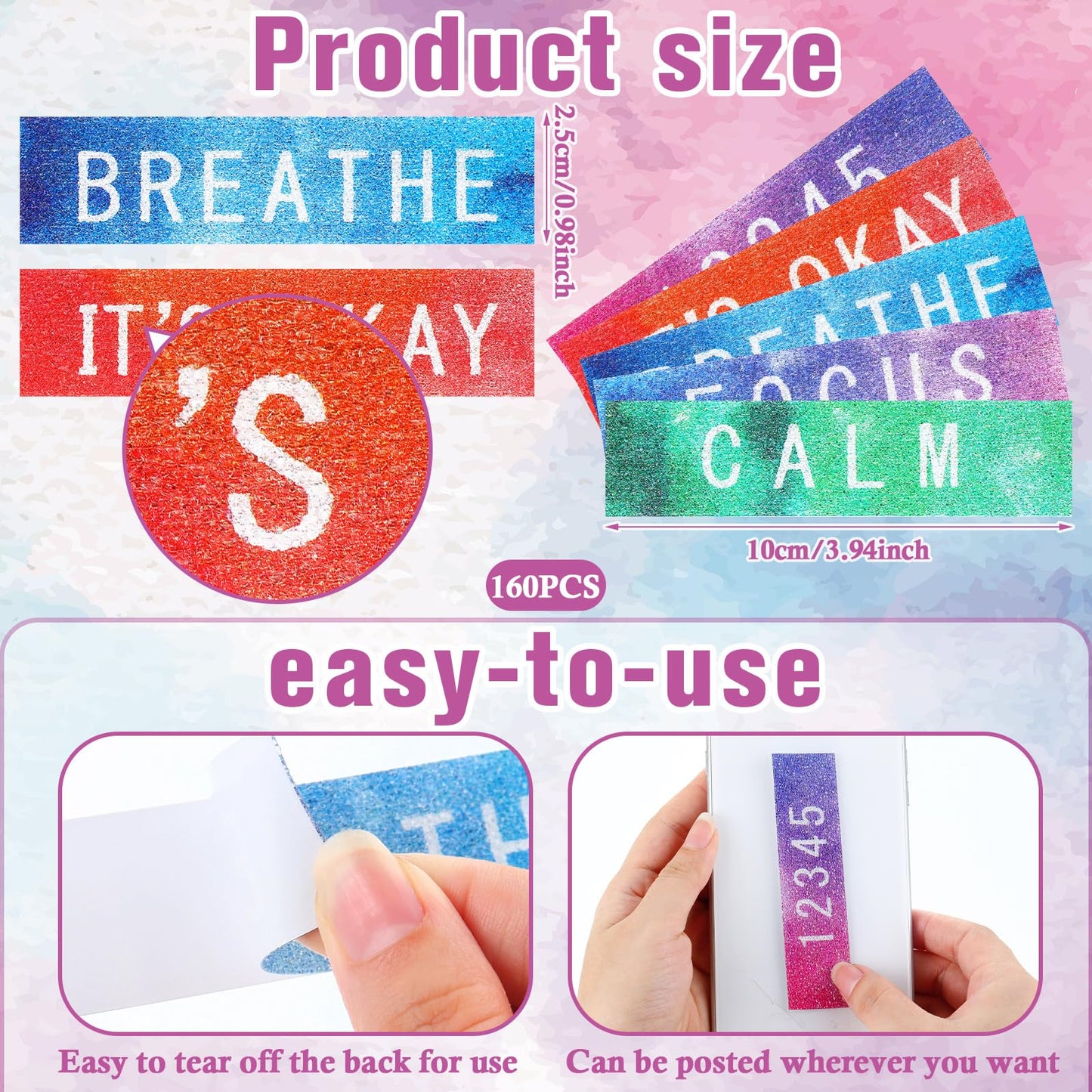 Crtiin 160 Pcs Anxiety Sensory Stickers with Inspirational Quotes Calm Textured Strips Relief Mental Health Stickers School Office Adhesive Sensory Tape Anti Stress Toys (Dreamy Color)