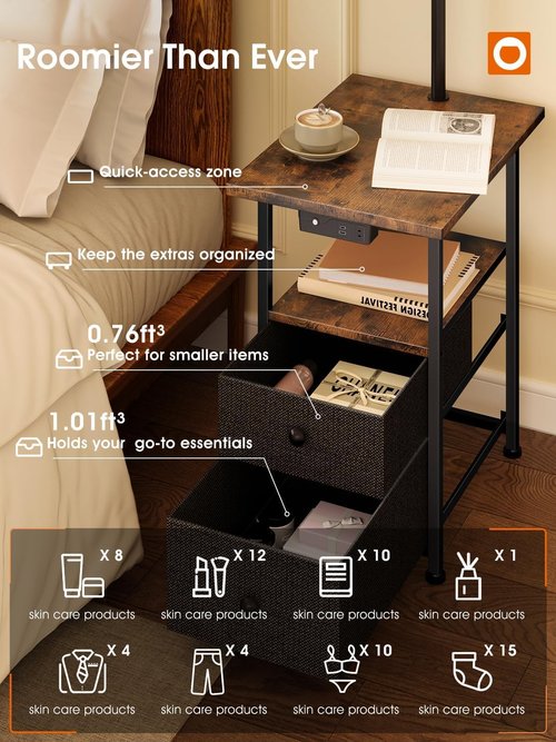 addlon Floor Lamp Side Table with Night Light,Night Stand with Charging Station and LED Bulb, 3-Color Adjustable Lighting Beside Table with 2 Deep Drawers, End Tables Living Room,Bedroom-Rustic Brown