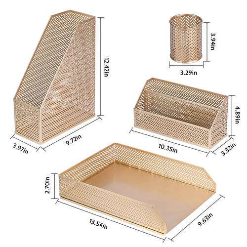 POPRUN Desk Organzier Set Cute Desk Accessories 4 Piece-Letter Sorter, Pencil Holder, Magazine Holder and Paper Tray Office Organizer set - Cute Stationary Desktop Accessories for Women Desk Set- Gold