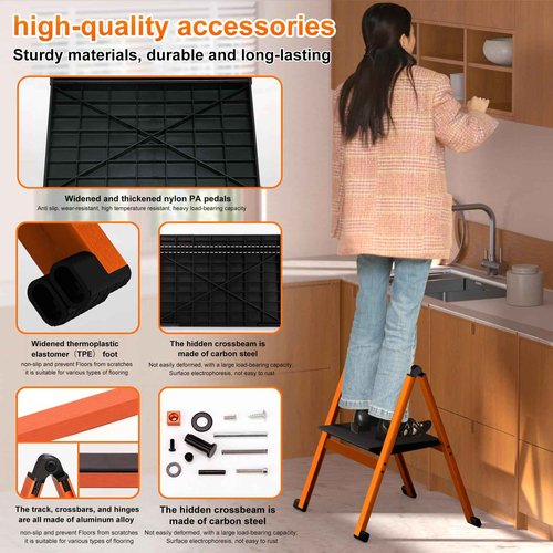 Ainai Folding Step Stool,Aluminum Ultra Thin Stool,400 Lbs Capacity Heavy Duty with Anti-Slip Sturdy and Wide Pedal,Closet Step Ladder for Home,Kitchen,Office and Dorm Bed (Orange)