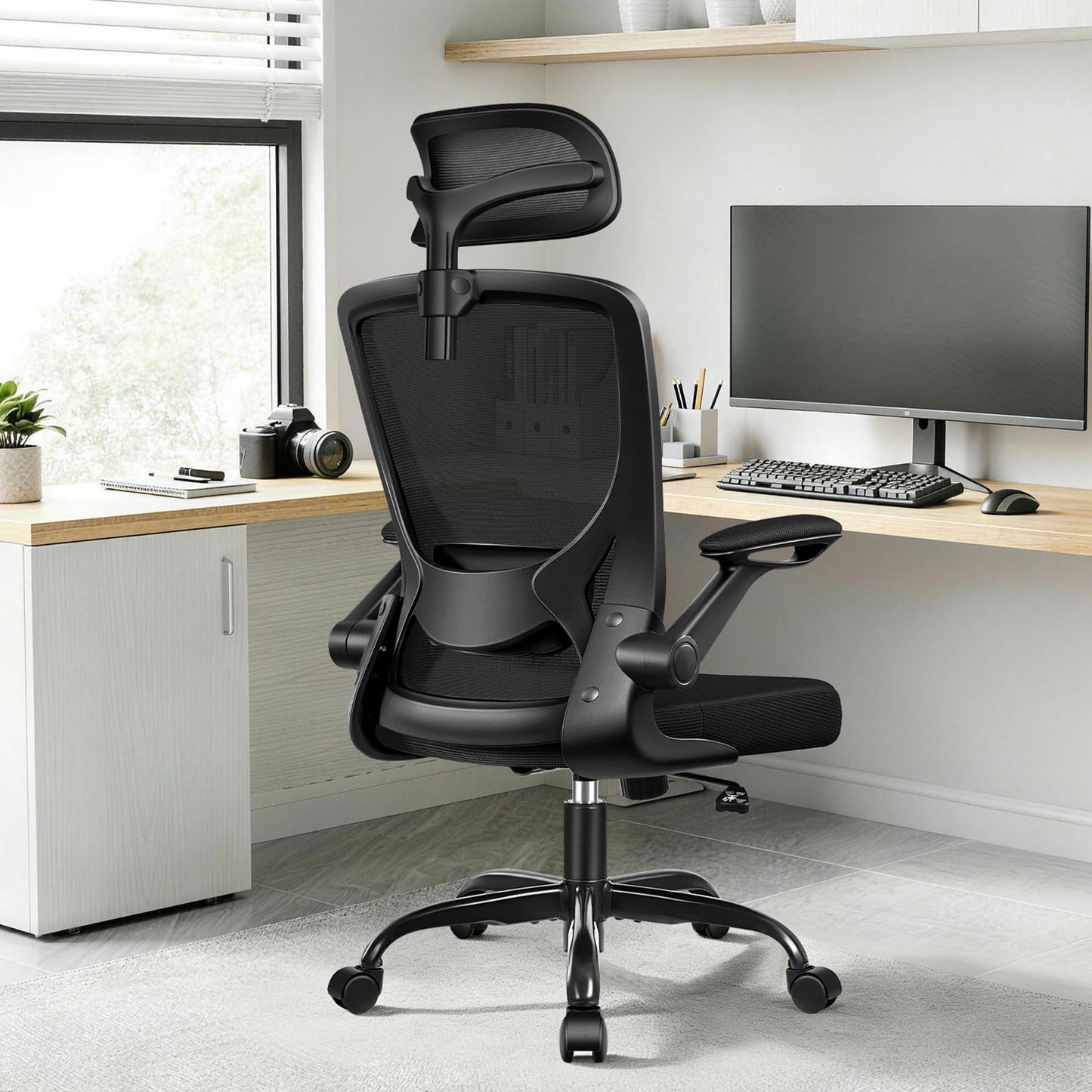 Ergonomic Office Desk Chair, Computer Desk Chair with Adjustable Lumbar Support, FILP-up Arms, Breathable Mesh Home Office Chairs Comfortable for Long Hours, Black